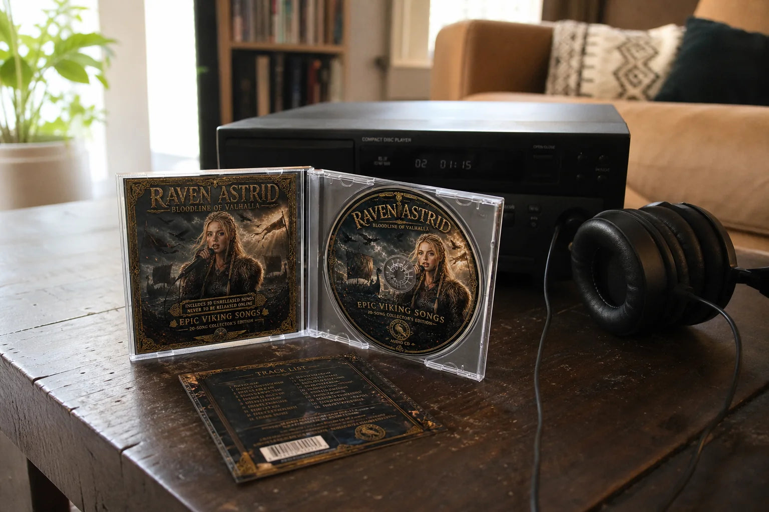 Raven Astrid collector CD beside a home CD player and headphones